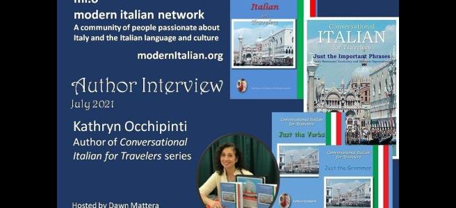 Collage with photo of Kathryn Occhipinti, author, and images of the Conversational Italian for Travelers series of books