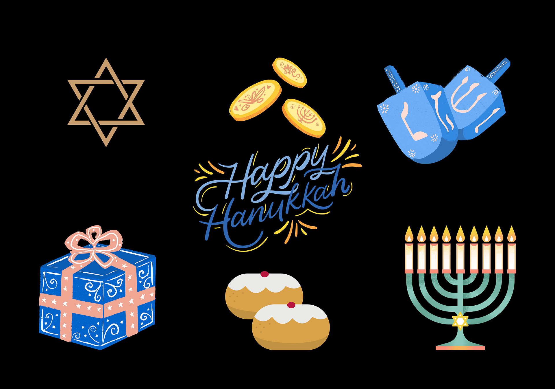 Images of all the things for a traditional Chanukah celebration are presented with "Happy Hanukkah" in the center of the image.