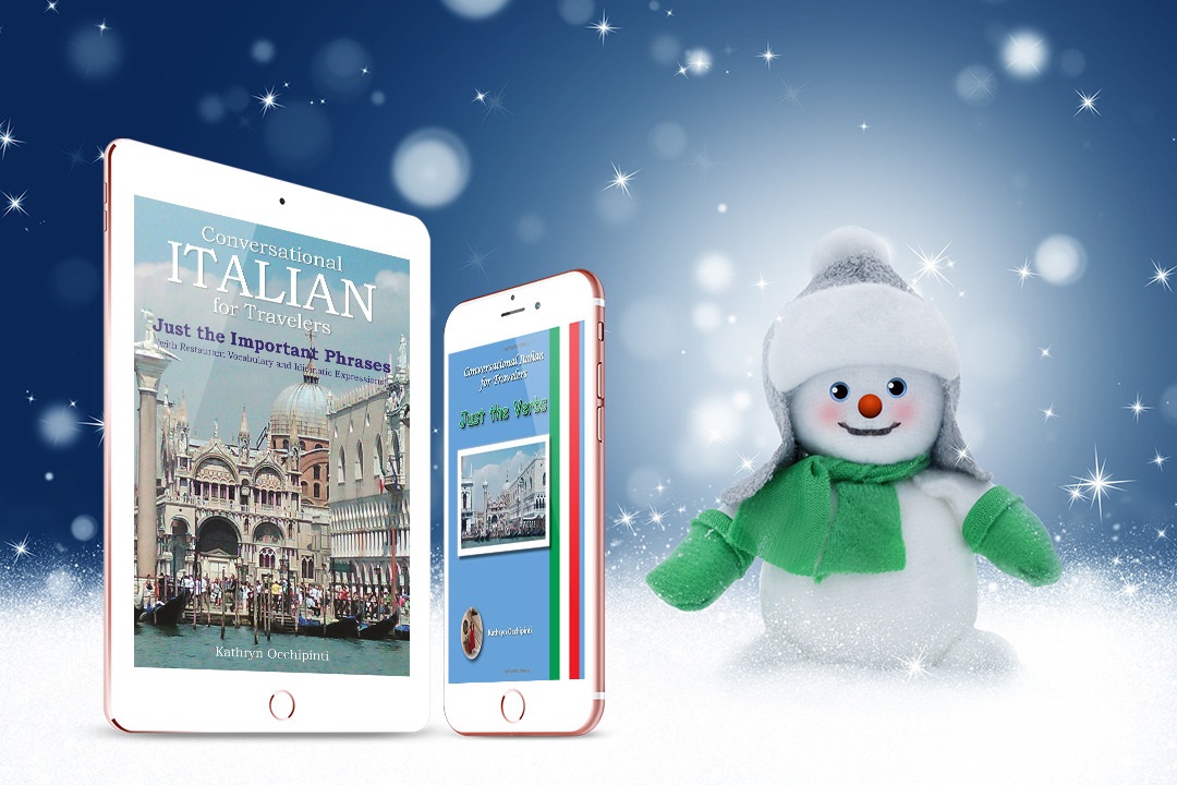 Photo of two Conversational Italian for Travelers books downloaded on smart phones with smiling snow man next to the books. 