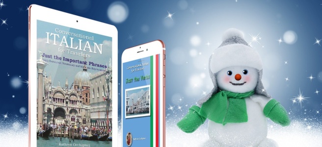 Photo of two Conversational Italian for Travelers books downloaded on smart phones with smiling snow man next to the books.